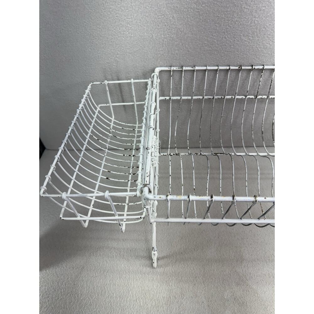 French Style Dish Rack White Wire Metal Farmhouse Counter Drying Rack VTG - Picture 11 of 13